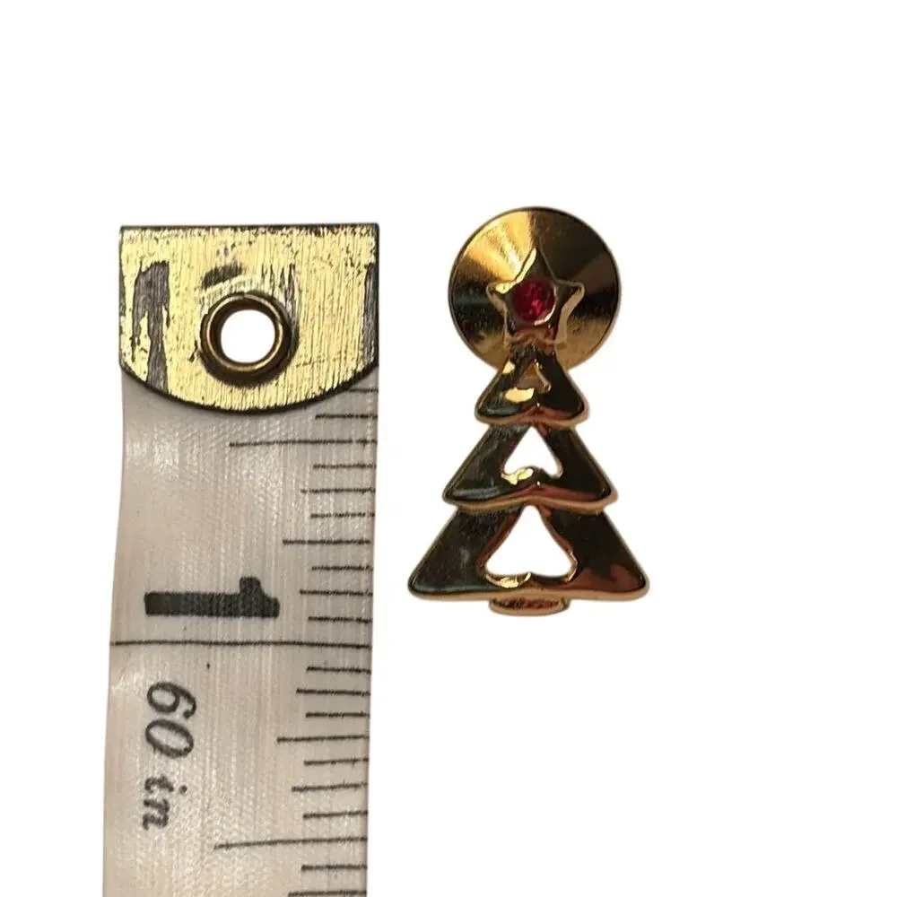 Vintage Gold Tone Christmas Tree Tack Pin Red Crystal Star Holiday Brooch